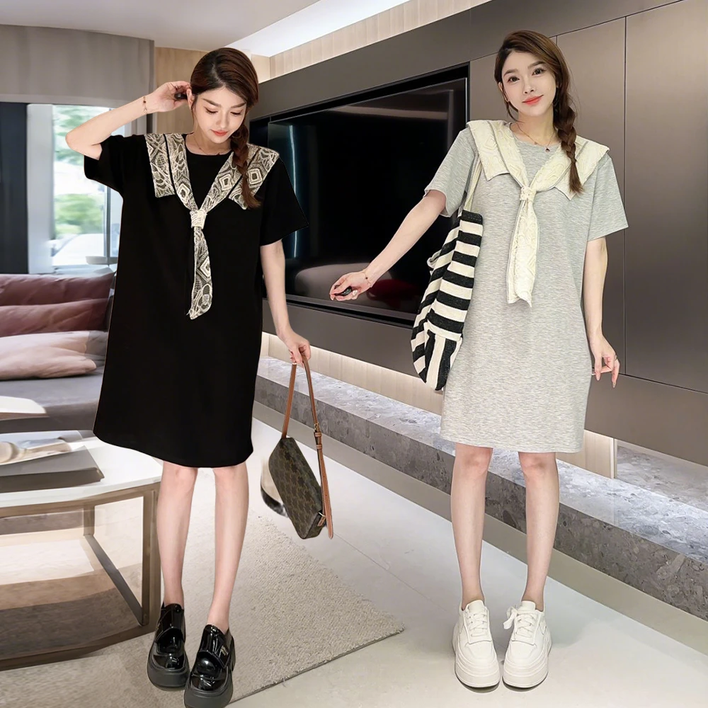 蕾丝海军领连衣裙夏季女时尚休闲系带裙设计感潮流宽松连衣裙5288