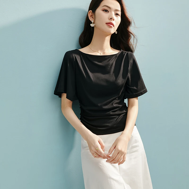 晚白【新品】2025夏短袖捏褶T恤衫女25022106