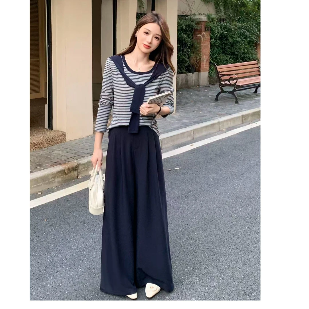 【飞姐】设计感洋气百搭条纹上衣直筒裤套装T373款
