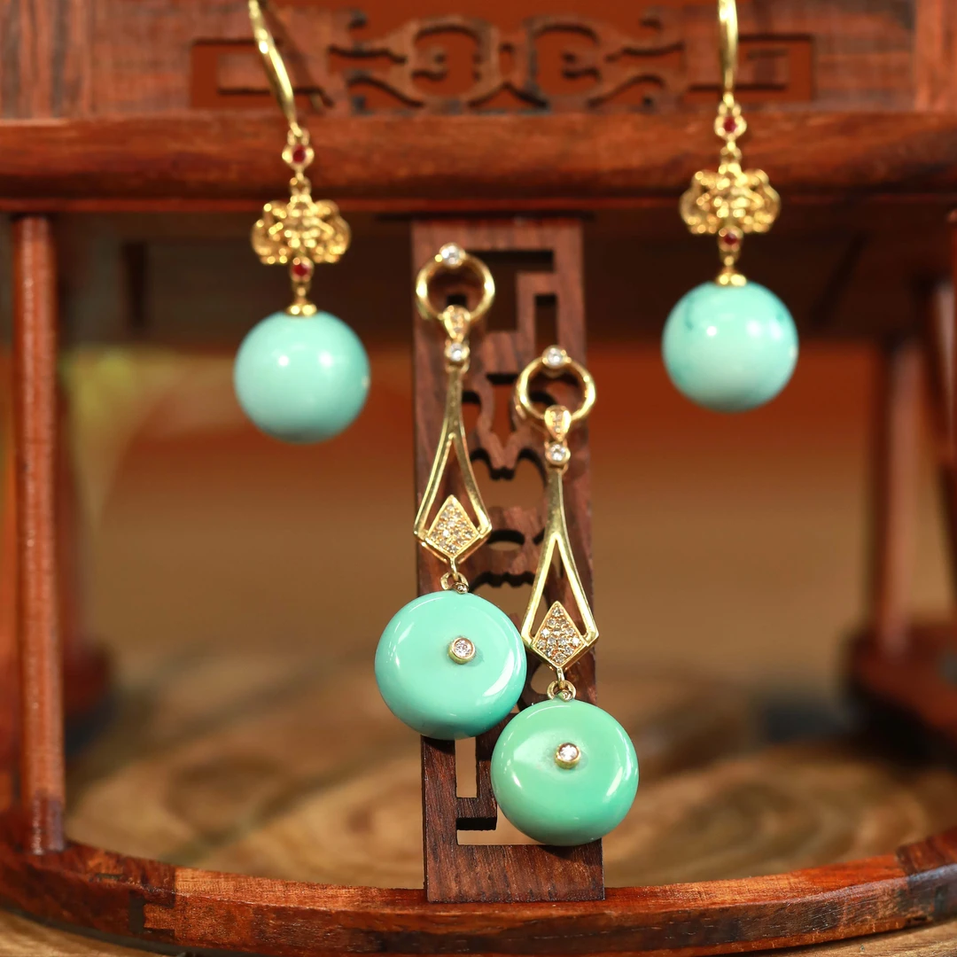 霖泽|绿松石圆珠18K金耳坠复古国风时尚潮流气质百搭0327