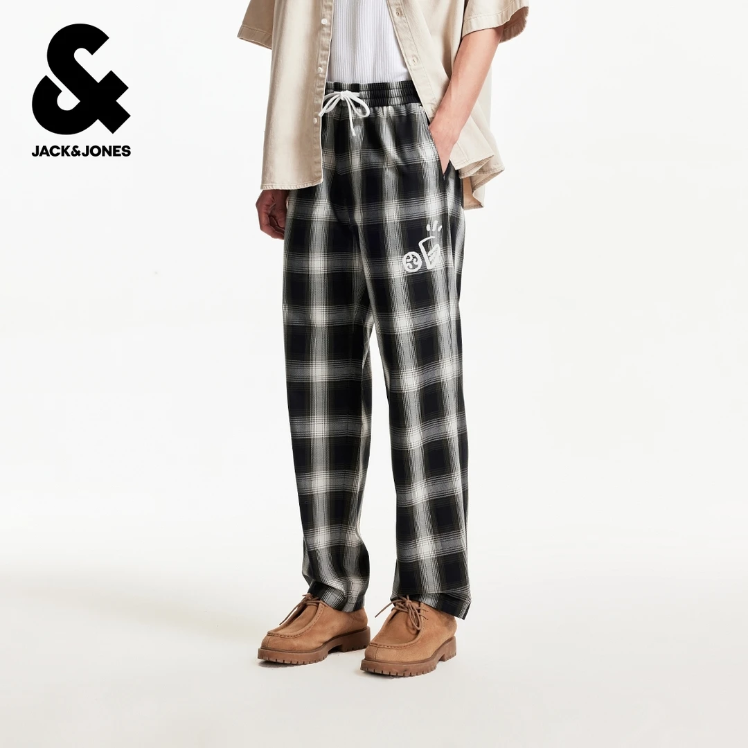 杰克琼斯秋季时尚潮流宽松版型双侧插袋格纹设计松紧腰休闲裤男装