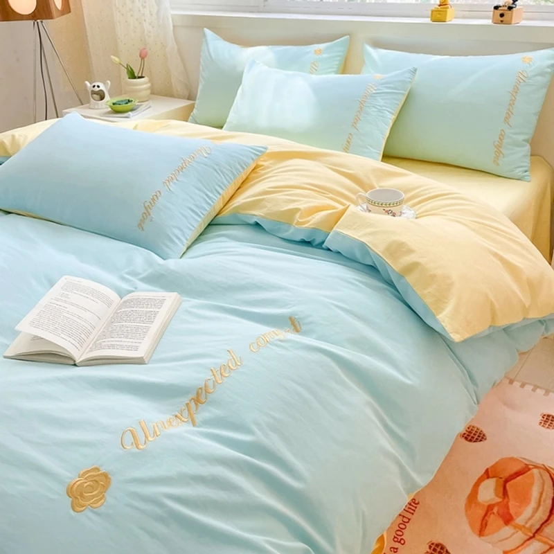 水星家纺适用A类全棉三四件套刺绣花单人学生宿舍简约小清新4床笠