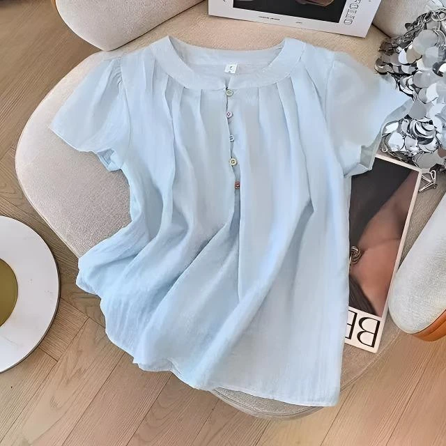 [运费全额补贴】温柔慵懒风甜美短袖上衣圆领彩色纽扣设计气质上衣