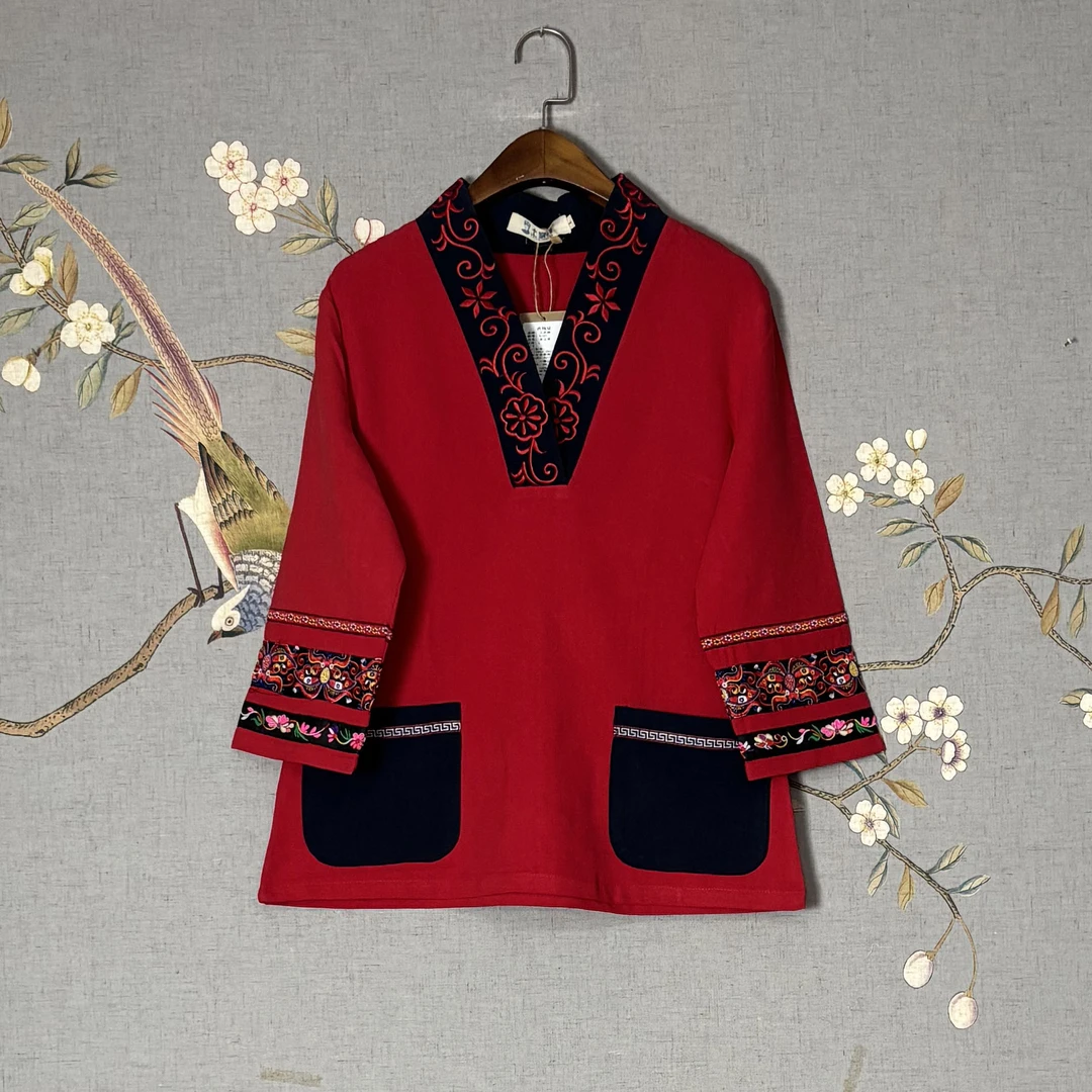 土家妹（工厂清仓）厚款民族风复古文艺百搭立领棉麻春秋款上衣6101