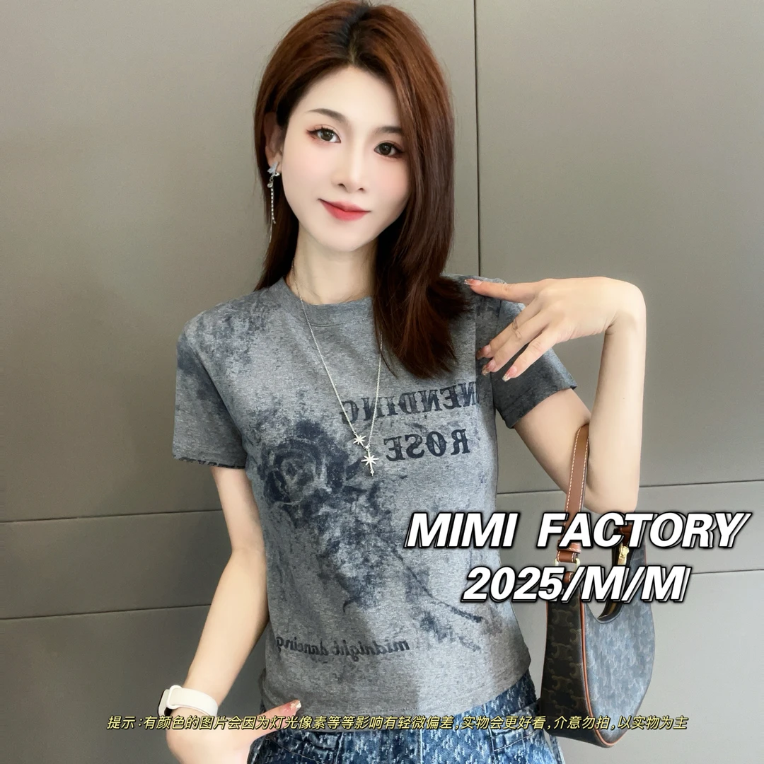 芈芈-2025早春新款 玫瑰字母短袖T恤女修身显瘦时尚休闲百搭XCTQ