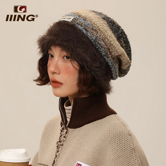 IIING帽控 毛绒包头针织堆堆帽子女显脸小秋冬防寒保暖百搭毛线帽