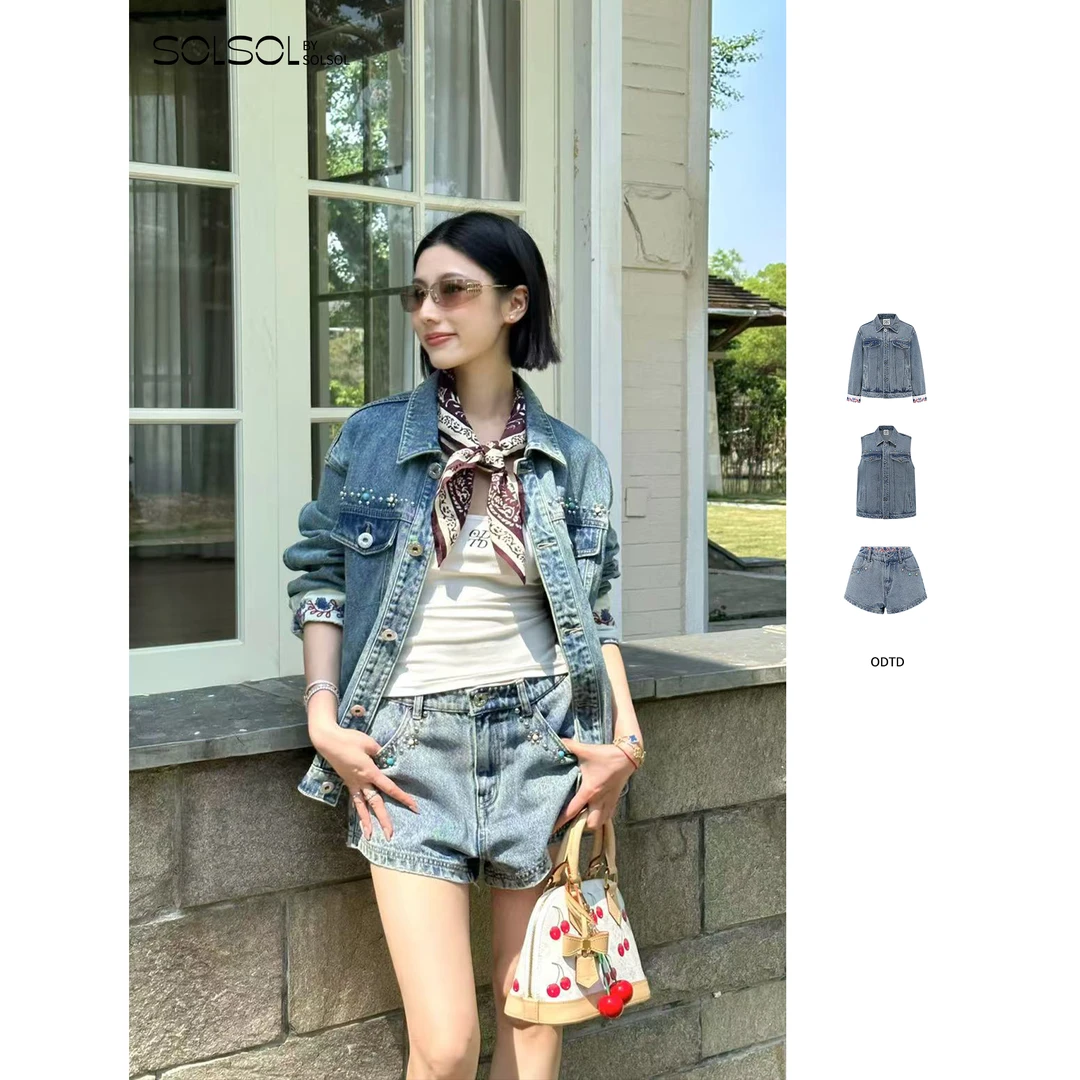 ODTD  25早秋新品 牛仔撞色花纹翻边钉珠外套/马甲/短裤 SOLSOL