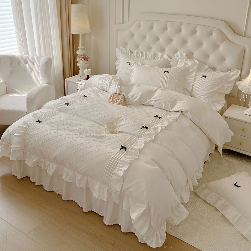 韩版床裙款全棉四件套花边公主风床上用品纯棉四件套少女心春季款
