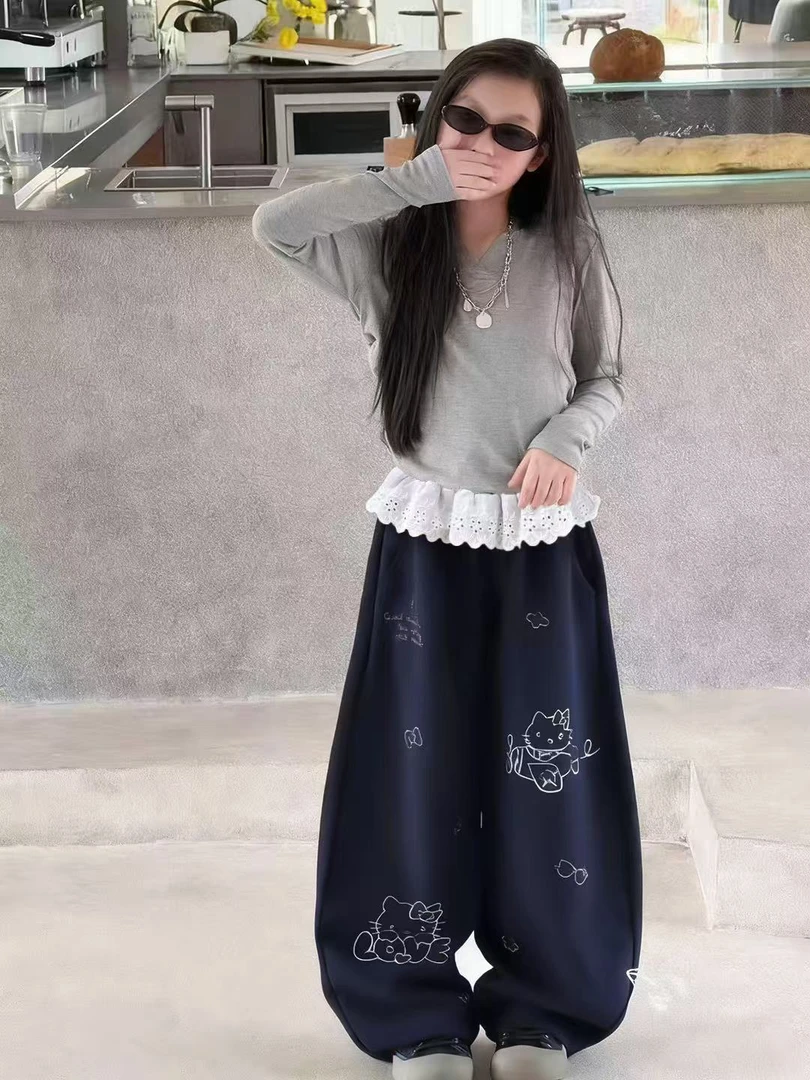 儿童弯刀裤女童蕾丝休闲裤秋季宽松中大童韩版