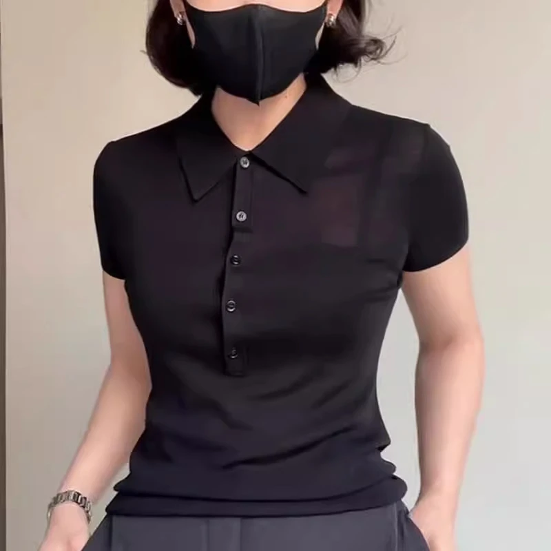2025夏季新款女士黑色紧身显瘦透气短袖T恤时尚减龄百搭翻领上衣