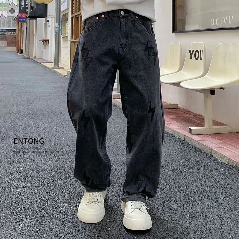 Entong美式高街闪电牛仔裤男潮牌宽松直筒裤子痞帅炸街百搭长裤子
