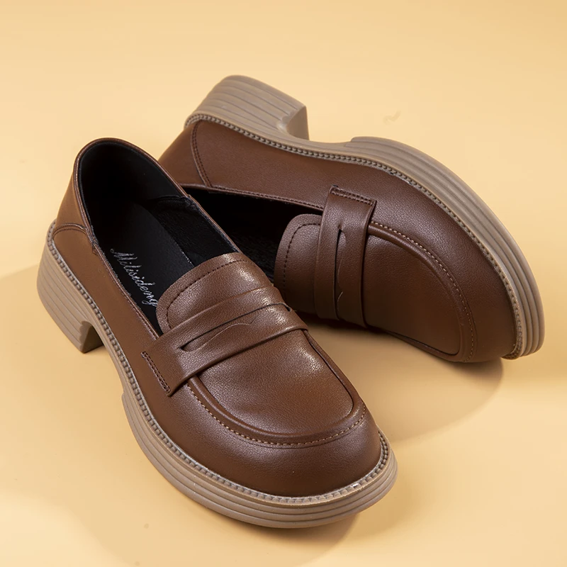 秋季平底乐福鞋春季百搭单鞋粗跟皮鞋春雅通勤乐福鞋圆头休闲舒适