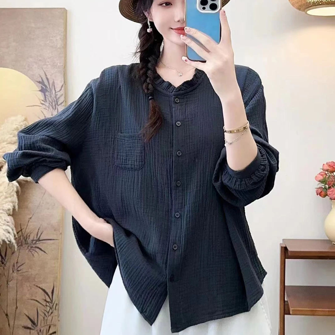 木耳边女长袖衬衣百搭宽松双层纱婴儿棉全棉衬衣休闲显瘦上衣