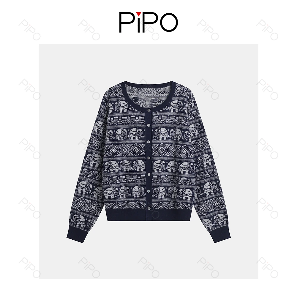 PIPO【含绵羊毛】复古圆领条纹针织衫气质毛针织衫DD53Z584