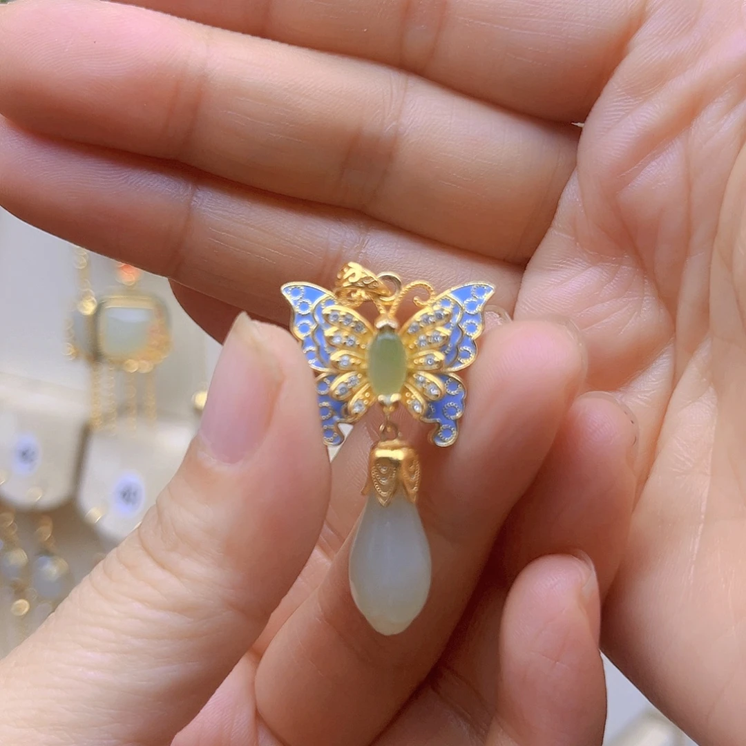颈饰银S925镀金镶嵌和田玉