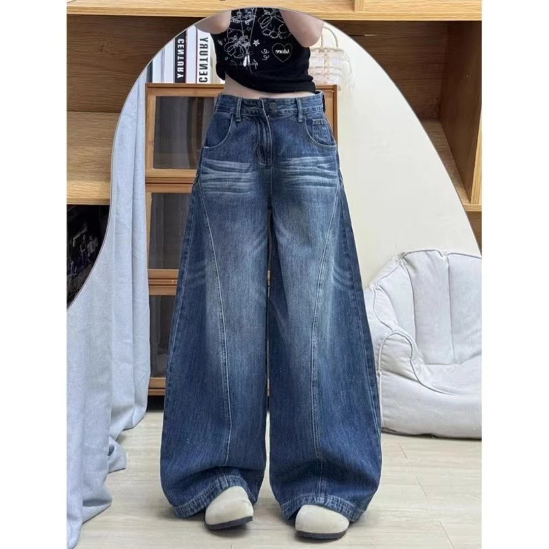 大码复古美式弯刀口袋设计不加绒工装牛仔裤秋冬新款宽松阔腿拖地