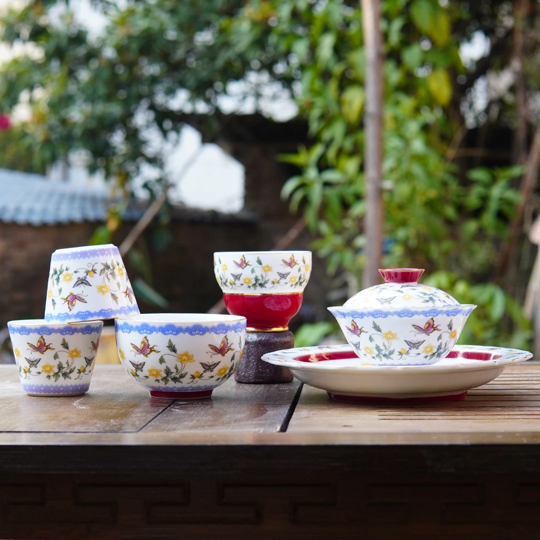 颜瓷金缘蝶绘薄胎一壶四杯盖碗高档陶瓷白瓷茶壶茶杯茶具套组