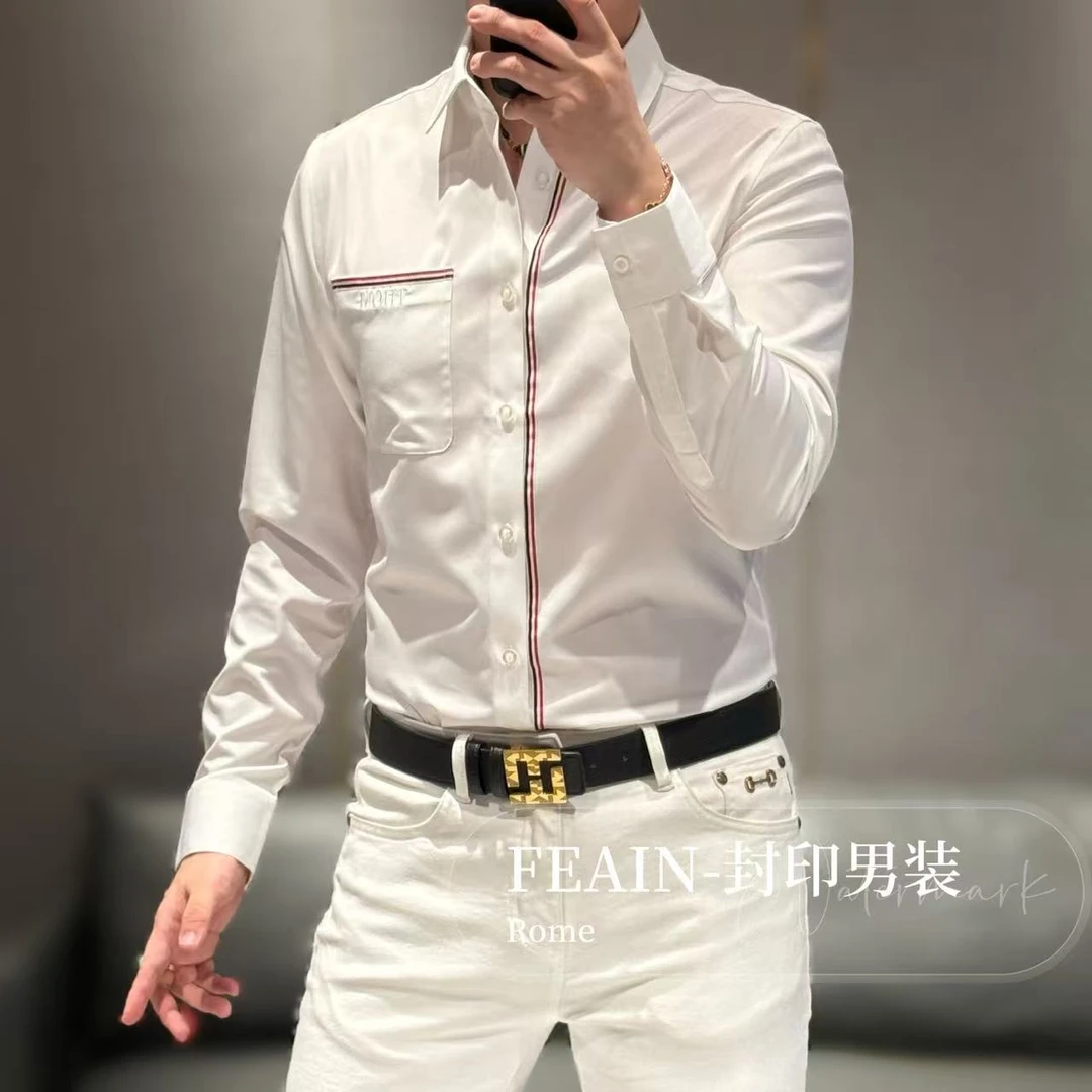 【超细旦】高端定制立体三拼色织带点缀长袖衬衫58012