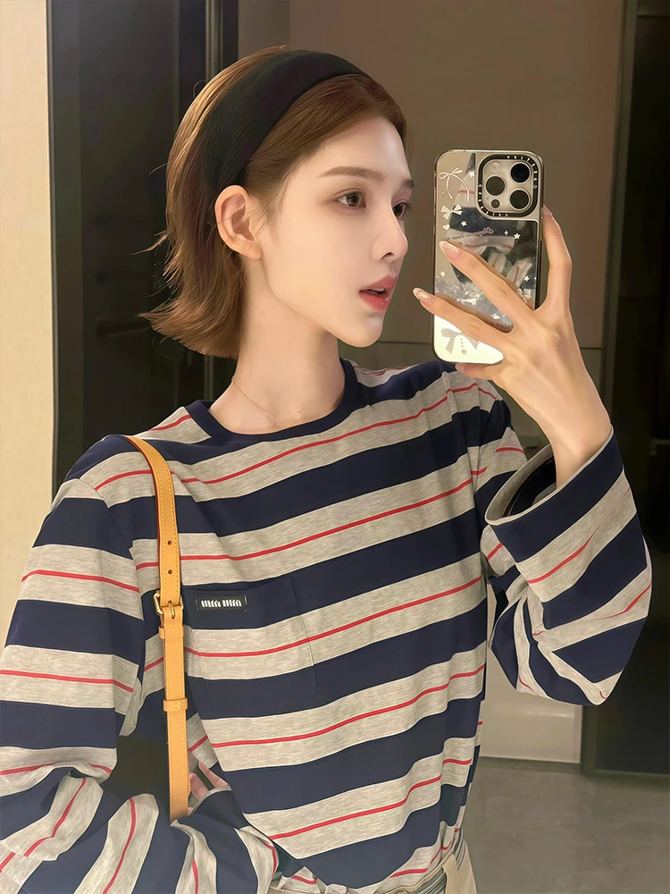 美式复古条纹薄款长袖t恤女秋季2025新款慵懒宽松学院风减龄上衣