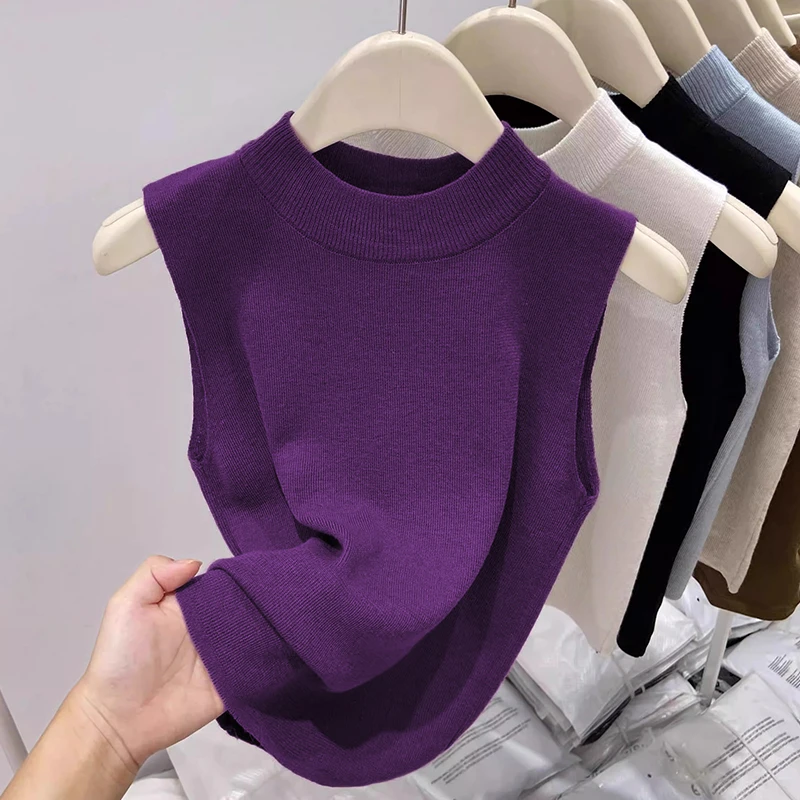 半高领针织背心女冰丝短款2025新款修身显瘦气质打底紫色无袖上衣