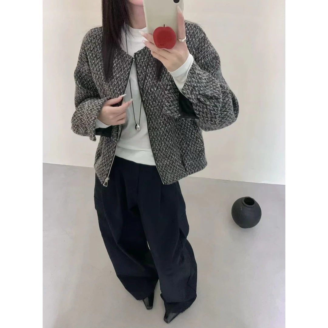 88119 老厂家简约圆领小香风粗花呢外套