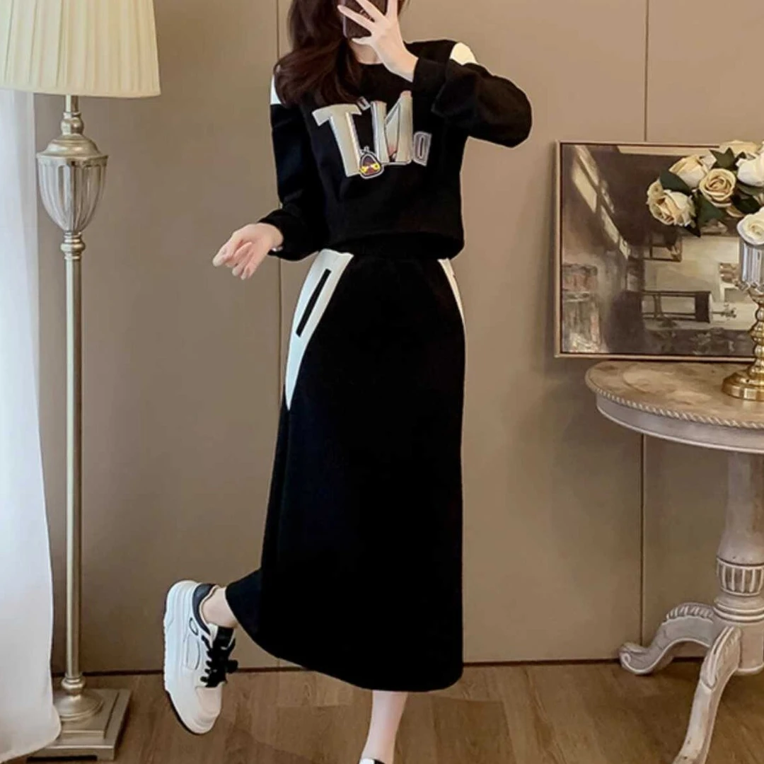 时尚减龄休闲半身裙套装女士春秋装2025新款高级显瘦圆领长袖卫衣