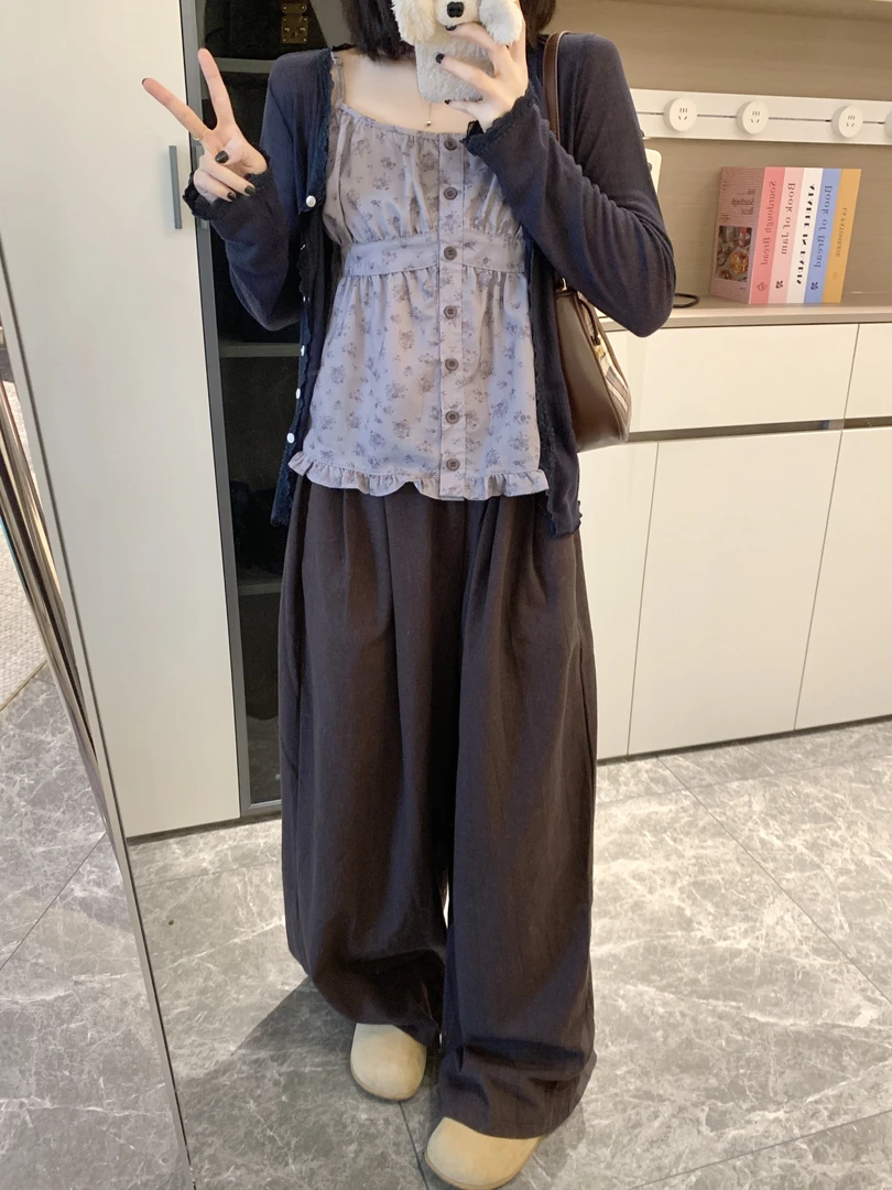 大码胖MM法式温柔风碎花吊带背心女夏季外穿薄款开衫减龄上衣套装