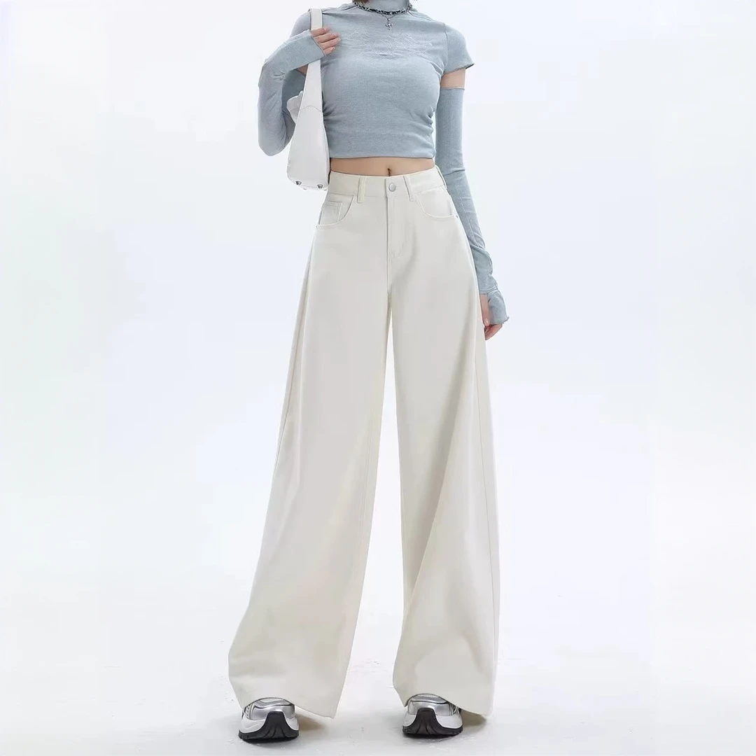 白色牛仔裤女宽松垂感2025春季新款高腰显瘦复古阔腿垂感拖地裤子