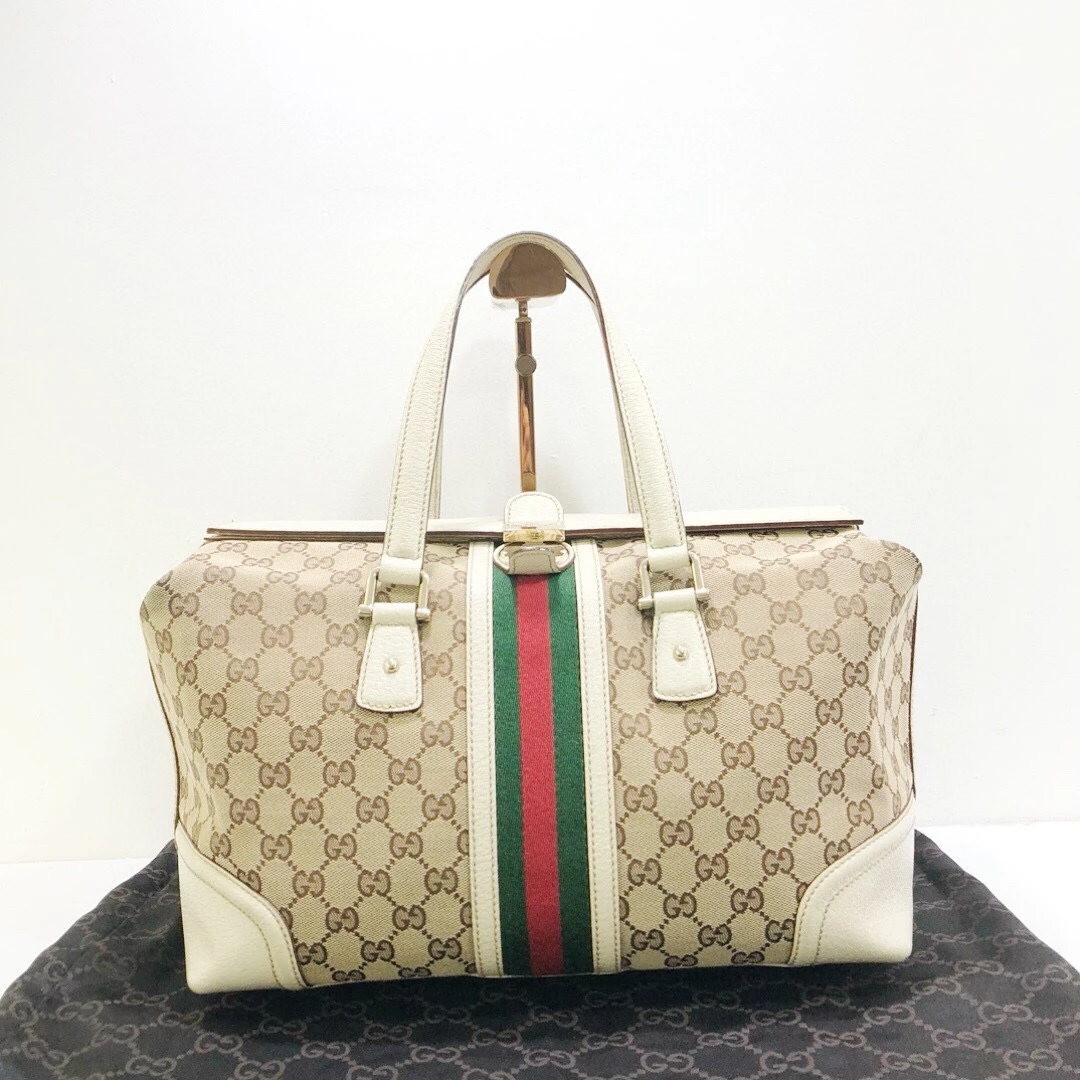 95新 GUCCI/古驰 双G帆布老花拼皮手提手拎包