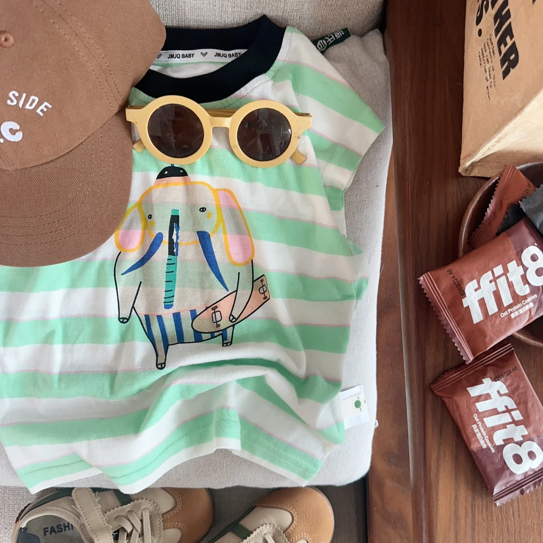 【JMJQ 25171】夏季中小童撞色领大象印花色织条纹无袖背心