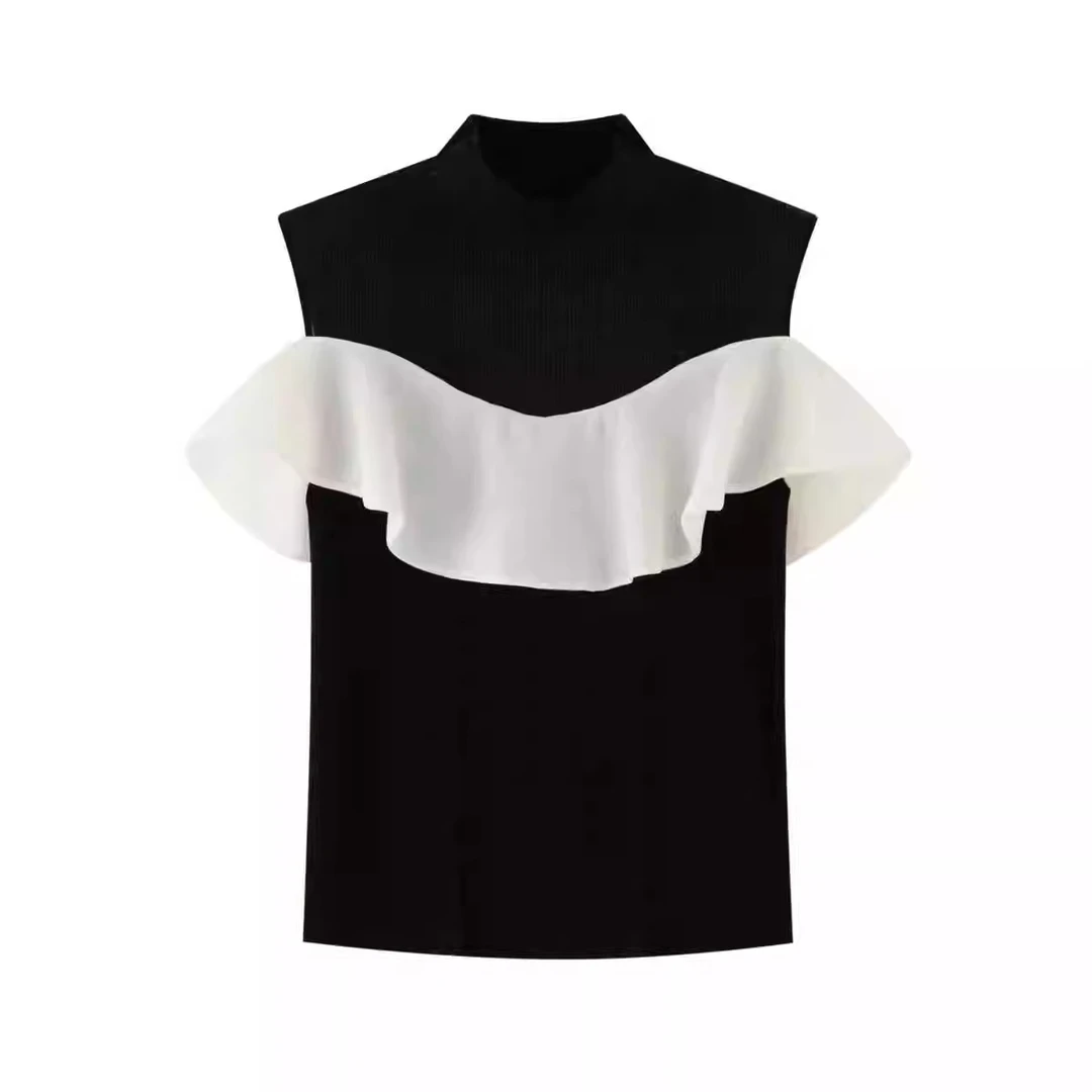 艾诺丝贝贝2025夏季新款百搭撞色荷叶边打底针织衫上衣女40428157