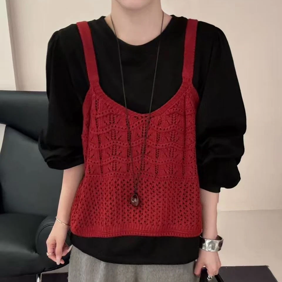 美美服装店011早秋新款欧货潮装复古镂空羊&毛针织吊带衬衫两件套