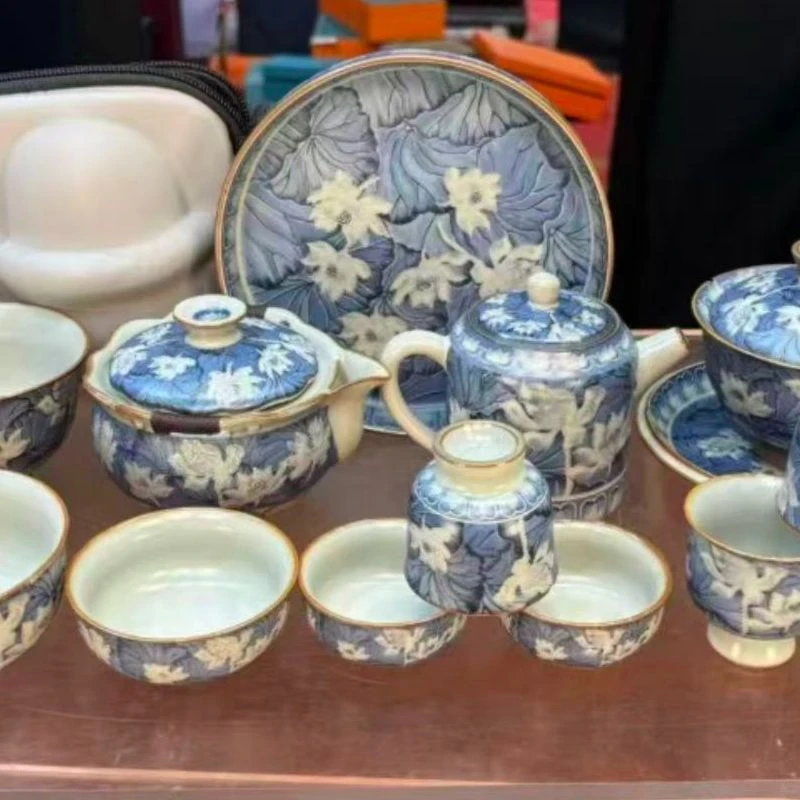 掐丝银蓝彩荷花一壶四杯+盖碗+盘（无礼盒）小套装    2939   （D）