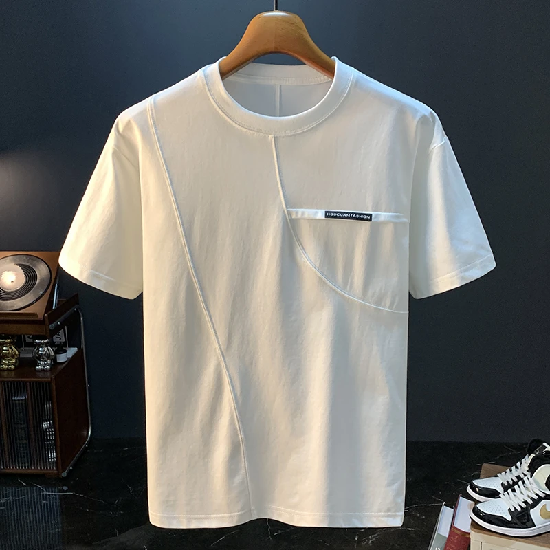 夏季高街美式2025新款短袖t恤男修身ins潮牌男士拼接半袖上衣
