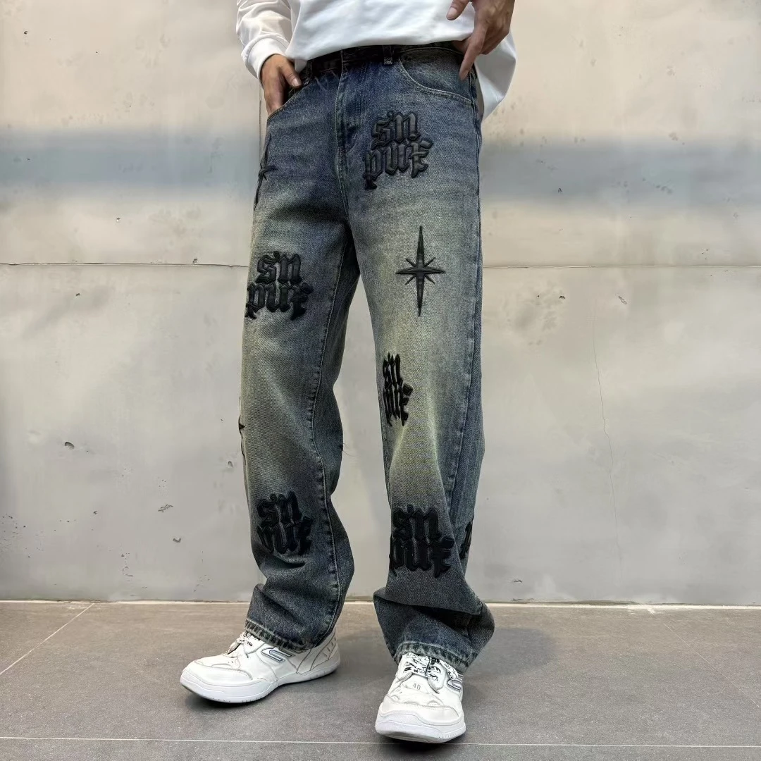 2025秋季新款潮牌牛仔裤男士休闲百搭宽松直筒长裤子痞帅贴标裤子