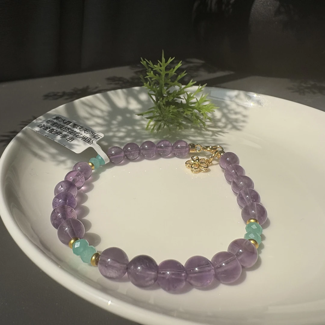 紫水晶圆珠天河石切割珠搭花花吊坠合金配件手串