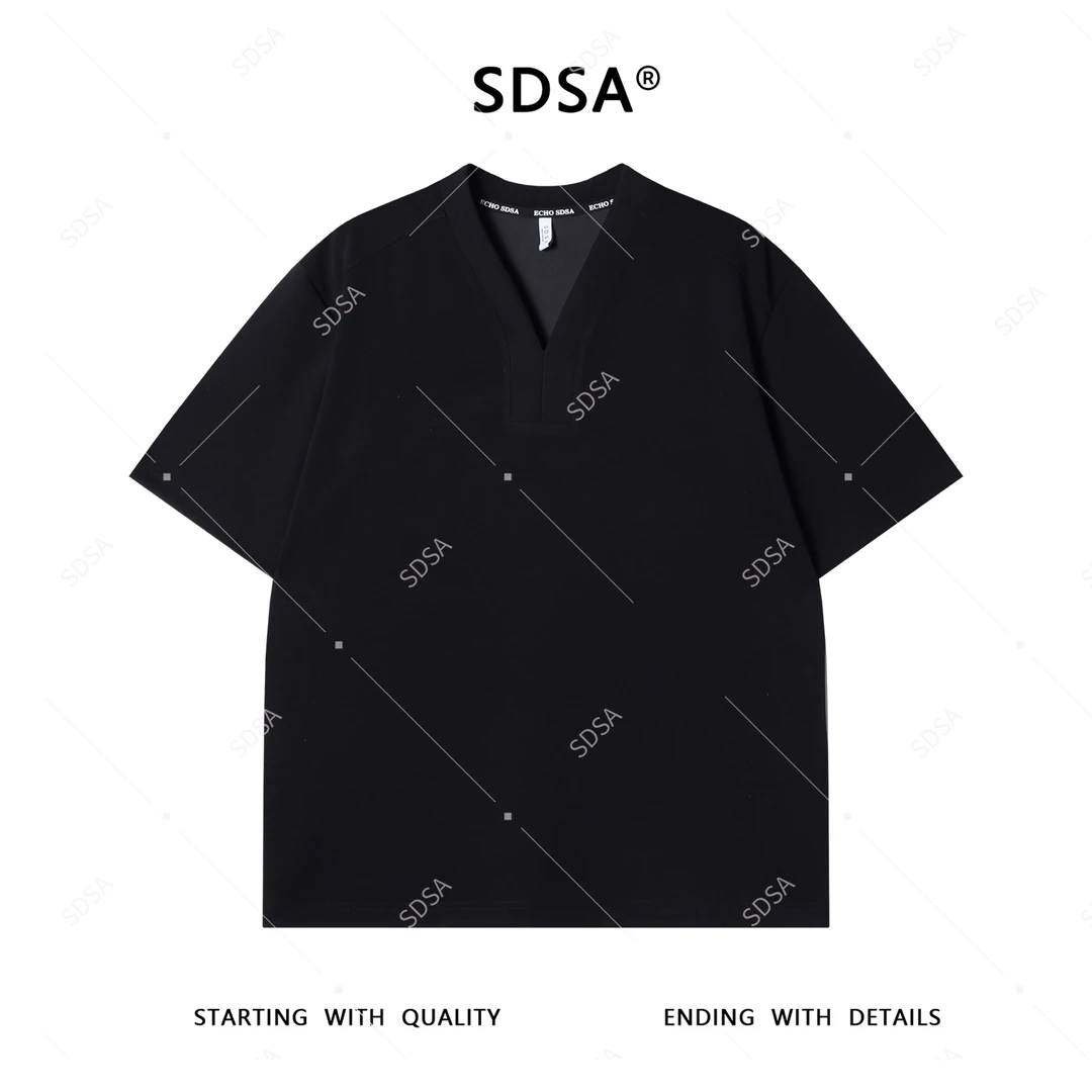 SDSA夏季高级感新款男士简约纯色V领短袖T恤小众设计百搭休闲上衣