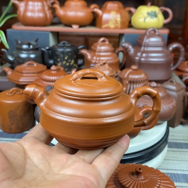 茶壶紫砂双线竹鼓150cc原矿赵庄朱泥特价