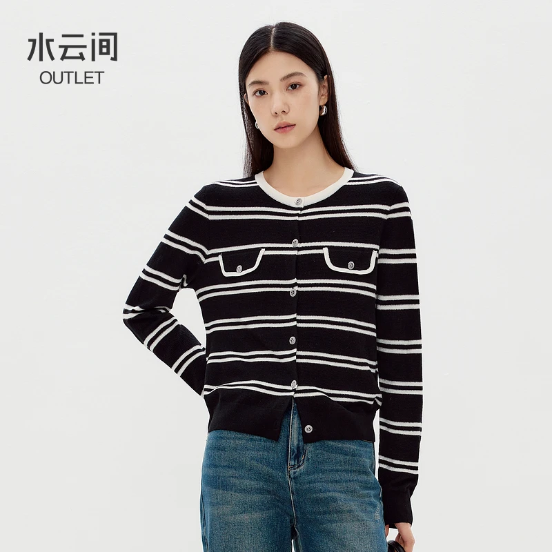 【针织开衫】水云间黑色条纹毛针织开衫外套女小香风正肩12410290