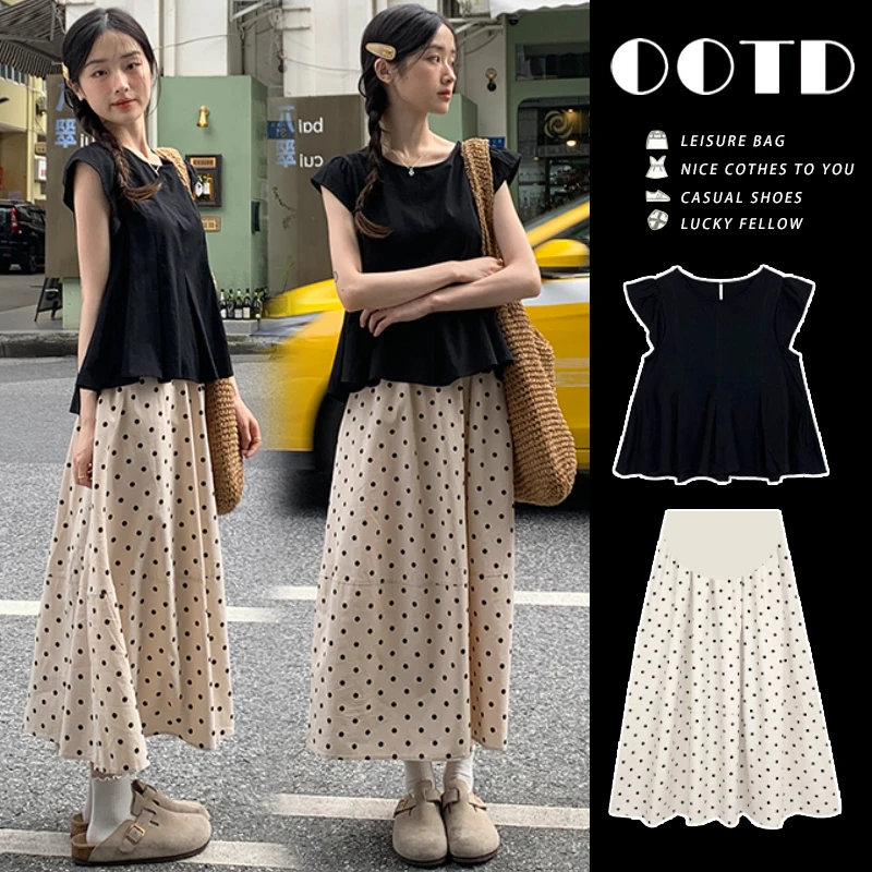 潮妈孕妇套装新款夏季遮肚洋气娃娃衫上衣宽松托腹大码舒适半身裙