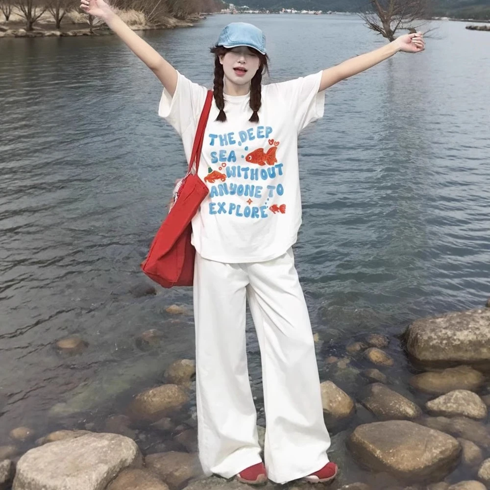 纯棉重磅小金鱼字母白色短袖t恤女潮牌美式高街小众大t恤女宽松