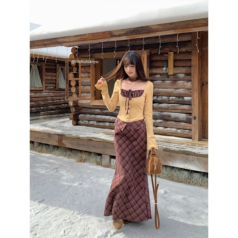 溺水三鱼【格纹手账】格纹撞色假两件方领针织上衣修身鱼尾半裙套装