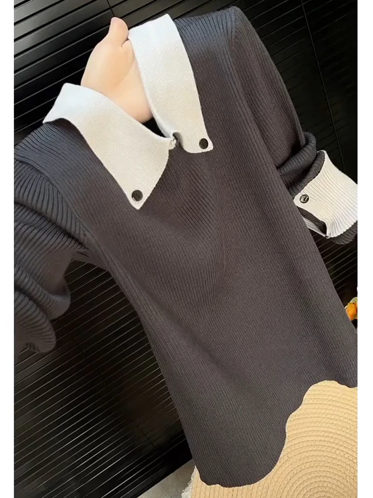 设计感小众拼接假两件翻领针织衫女秋季2025新款修身显瘦长袖上衣