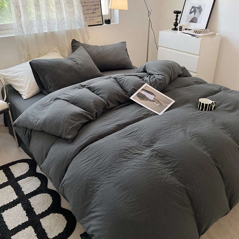 跨境纯色水洗棉四件套超柔褶皱床单被套床笠款学生宿舍三件套轻奢