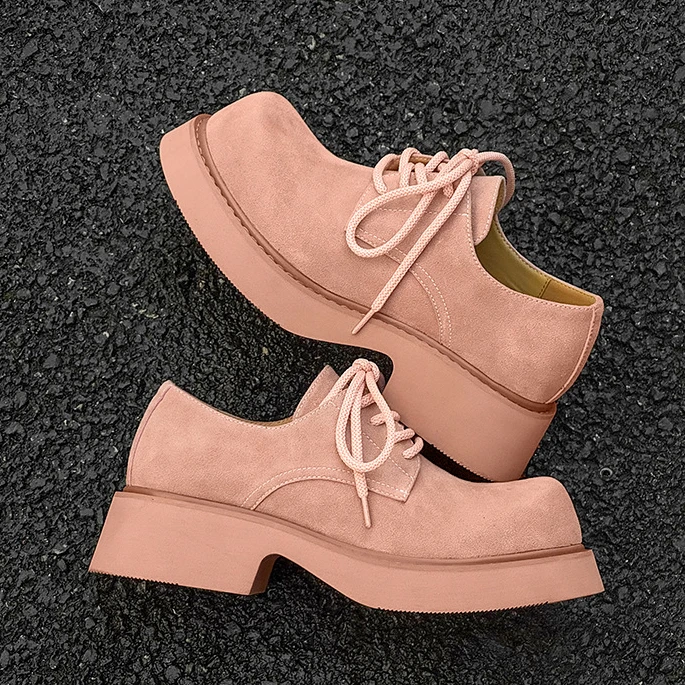 情侣款圆头德比鞋复古高街帅气粉色皮鞋新款厚底增高巴黎大头皮鞋