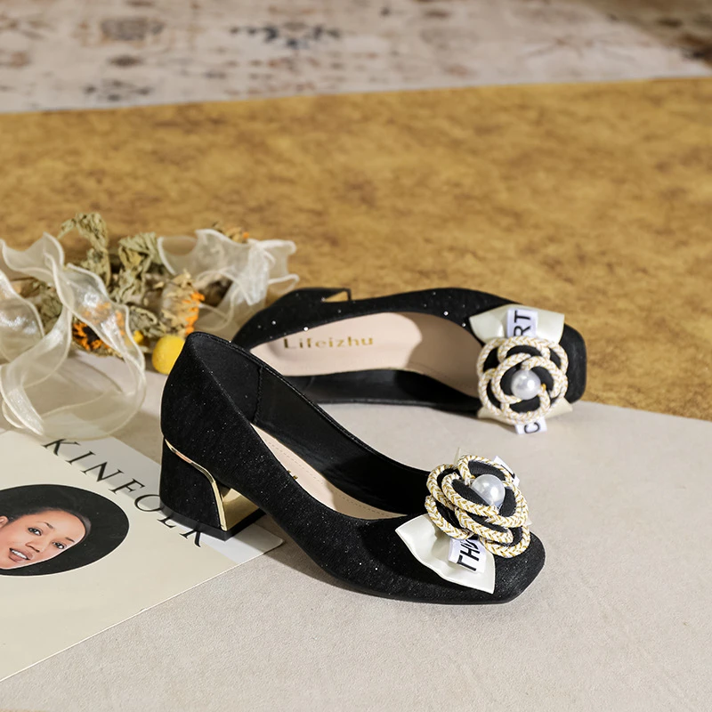 高跟鞋女2025年新款浅口可穿配裙子仙女风粗跟大码单鞋婚鞋蝴蝶结