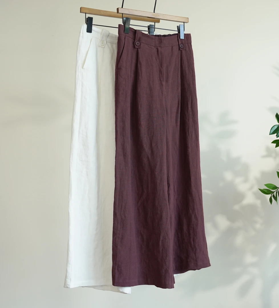 【将军工厂店】文艺复兴中高腰汉麻直筒阔腿松紧腰垂感长裤（240613）