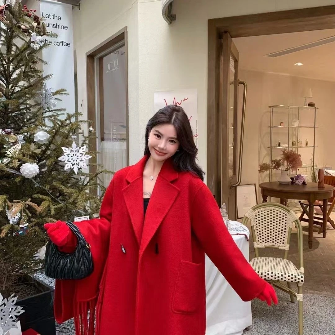 224号（款号10023 红色长款分尺码毛呢外套