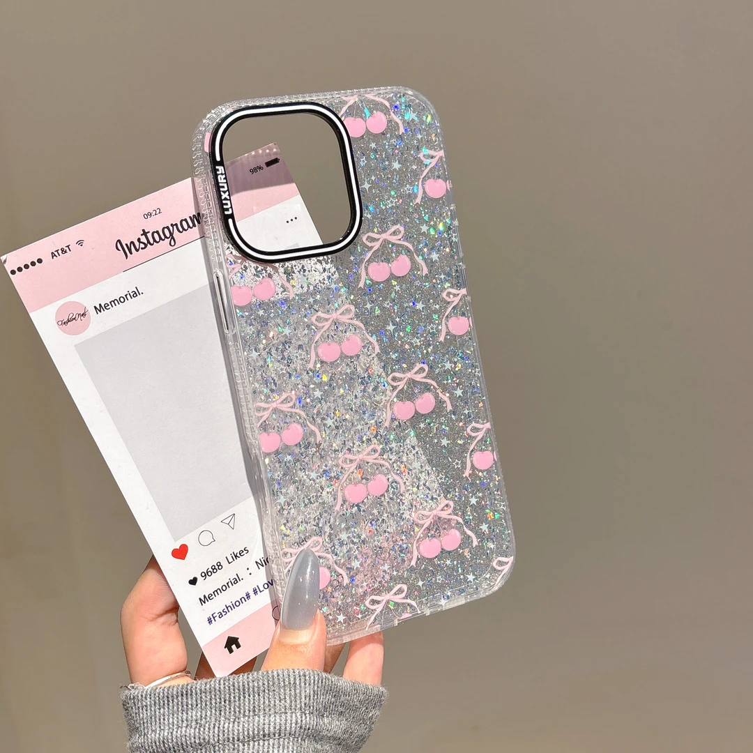 银箔粉樱桃适用于iPhone14ProMax 15ProMax 16ProMax手机壳