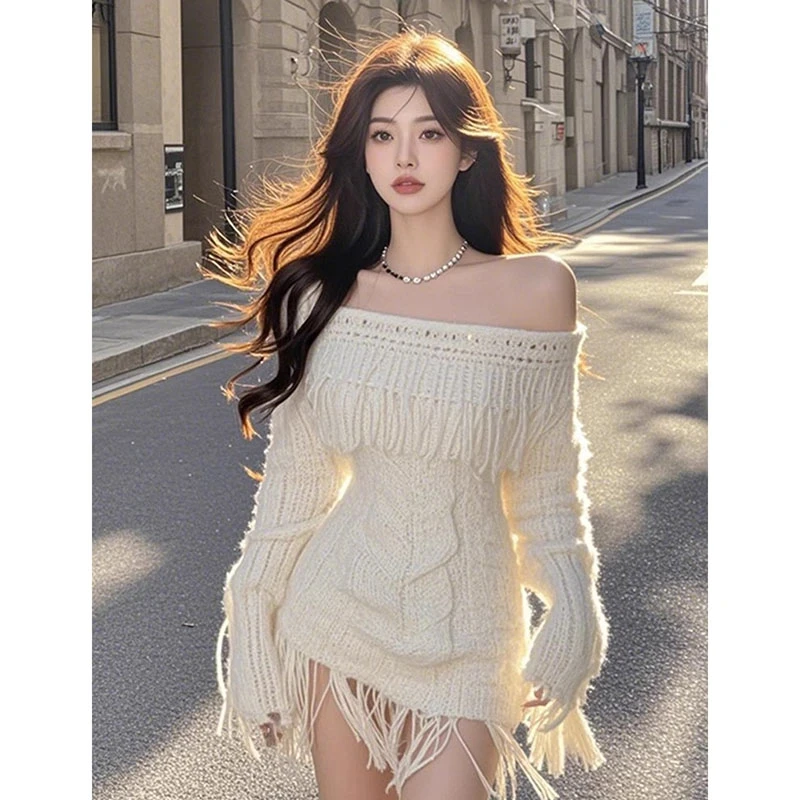 【KEKE】白色一字肩针织衫连衣裙女气质法式富家千金不规则设计短裙